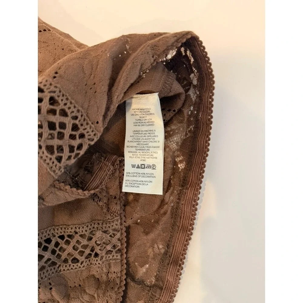 Free People Jae Knit Top Brown Cutwork Lace Detail Button Closure Size S